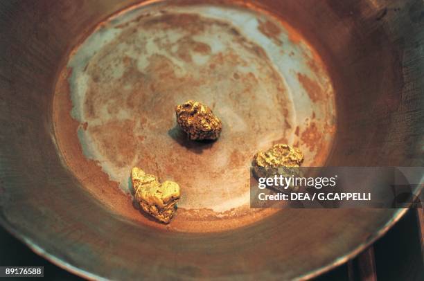 High angle view of nuggets of gold on a pan, Dawson, USA