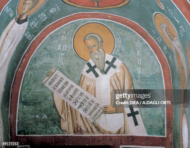 Paintings of a saint holding a letter, St. Ignatius Of Antioch, Panagia Too Araka, Lagoudera, Cyprus