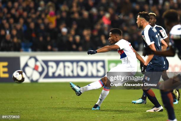 Myziane Maolida of Lyon scores the first Goal during the french League Cup match, Round of 16, between Montpellier and Lyon on December 13, 2017 in...