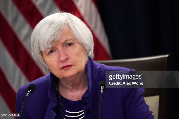 Federal Reserve Chair Janet Yellen listens during her last news conference in office December 13, 2017 in Washington, DC. Yellen announced that the...