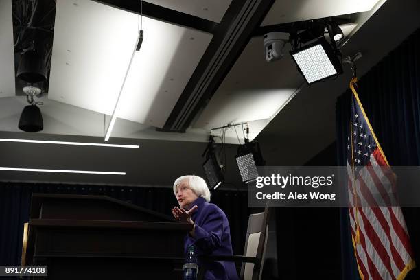 Federal Reserve Chair Janet Yellen speaks during her last news conference in office December 13, 2017 in Washington, DC. Yellen announced that the...