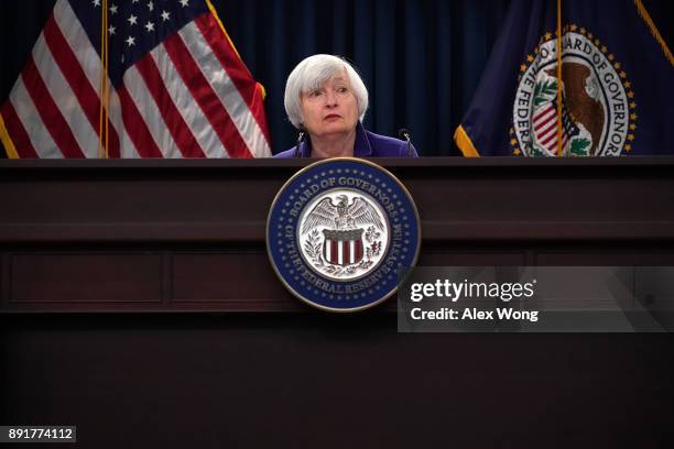 Federal Reserve Chair Janet Yellen speaks during her last news conference in office December 13, 2017 in Washington, DC. Yellen announced that the...