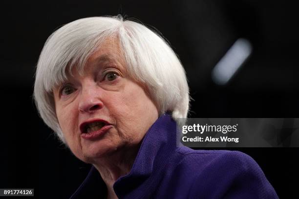 Federal Reserve Chair Janet Yellen speaks during her last news conference in office December 13, 2017 in Washington, DC. Yellen announced that the...