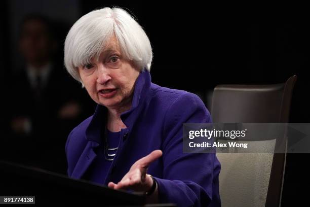 Federal Reserve Chair Janet Yellen speaks during her last news conference in office December 13, 2017 in Washington, DC. Yellen announced that the...