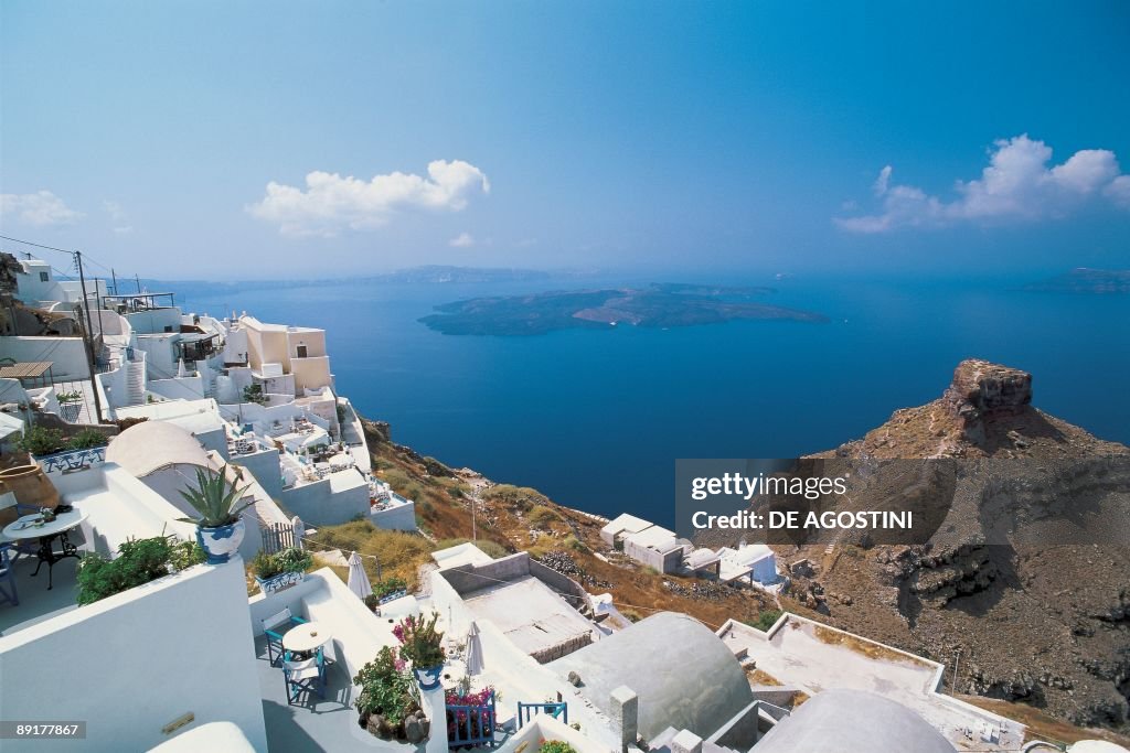 High angle view of houses at the waterfront, Imerovigli, Nea Kameni, Santorini, Cyclades Islands, Southern Aegean, Greece