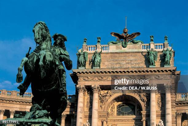 Low angle view of a statue in front of a building, Equestrian Statue, The Hofburg Complex, Heldenplatz, Vienna, Austria