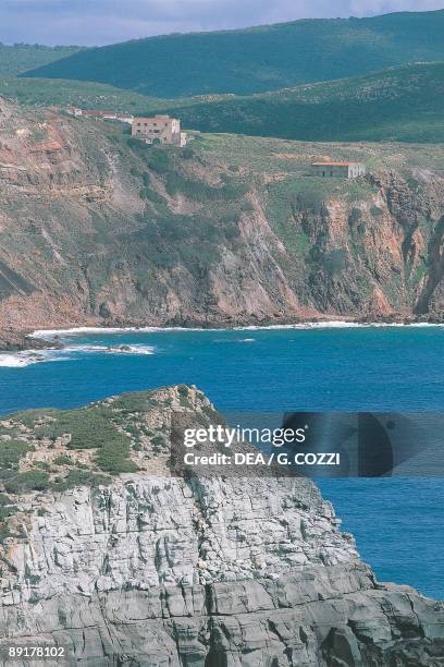 High angle view of a coastline, Capo Sandalo Lighthouse, San Pietro Island, Sardinia, Italy