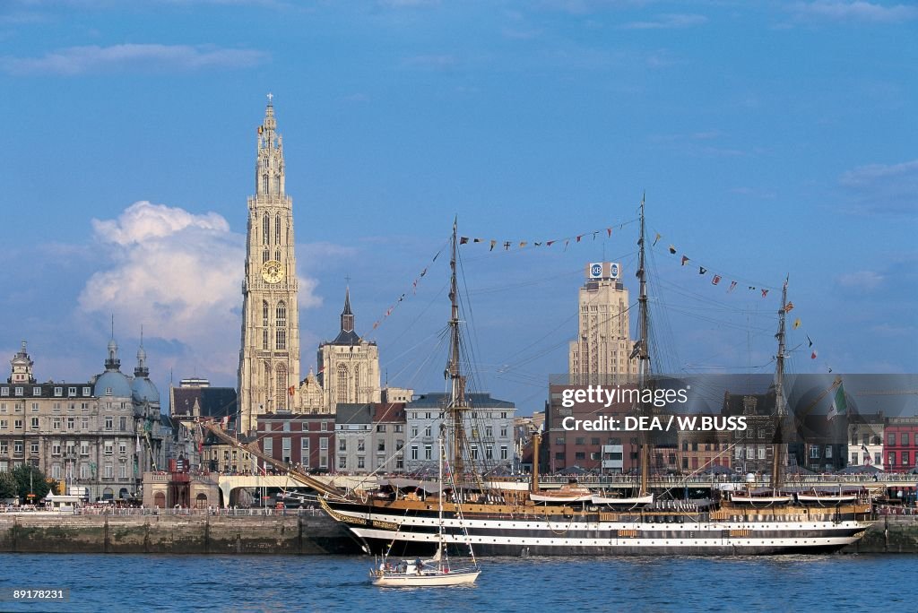 Sailing ship and a boat in a river, Schelde River, Antwerp, Flanders, Belgium