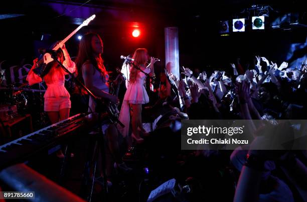 Miho, Mi-ya and Asami of Lovebites perform live on stage at Underworld on November 27, 2017 in London, England.