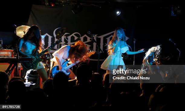 Mi-ya, Miho, Asami and Midori of Lovebites perform live on stage at Underworld on November 27, 2017 in London, England.