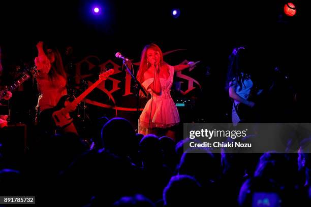 Miho, Asami and Midori of Lovebites perform live on stage at Underworld on November 27, 2017 in London, England.