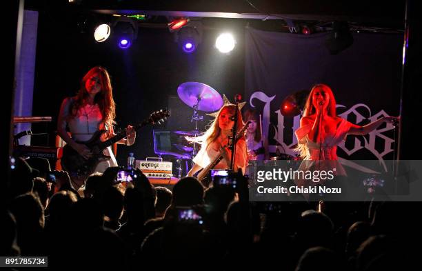 Mi-ya, Miho, Haruna and Asami of Lovebites perform live on stage at Underworld on November 27, 2017 in London, England.