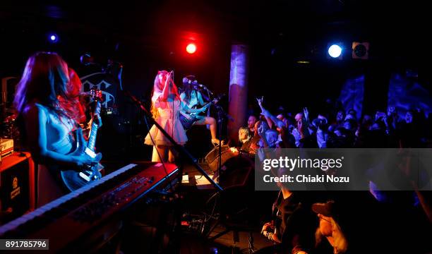 Mi-ya, Asami and Midori of Lovebites perform live on stage at Underworld on November 27, 2017 in London, England.