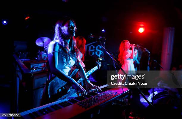 Mi-ya and Asami of Lovebites perform live on stage at Underworld on November 27, 2017 in London, England.