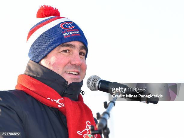 Owner, President and CEO of the Montreal Canadiens Geoff Molson addresses the guests during the official inauguration of the Bleu Blanc Bouge rink by...