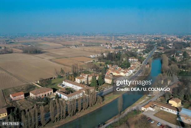 High angle view of a river flowing through a city, Brenta River, Dolo, Veneto, Italy