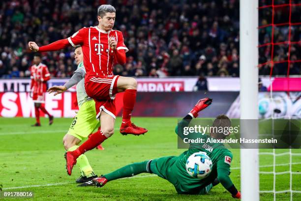 Robert Lewandowski of Bayern Munich scores his team's first goal past Timo Horn of 1.FC Koeln during the Bundesliga match between FC Bayern Muenchen...