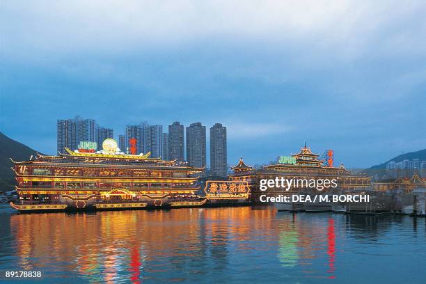 Restaurant at the waterfront, Jumbo Floating Restaurant, Shum Wan Harbor, Hong Kong Island, Hong Kong, China