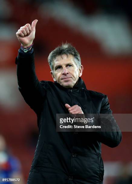 Claude Puel, Manager of Leicester City shows appreciation to the fans after the Premier League match between Southampton and Leicester City at St...
