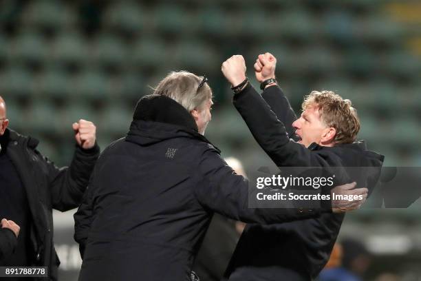 Coach Alfons Groenendijk of ADO Den Haag celebrates the victory during the Dutch Eredivisie match between ADO Den Haag v Roda JC at the Cars Jeans...