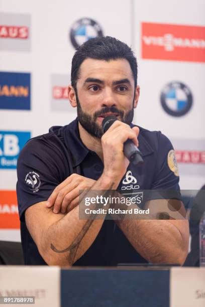 Simon Fourcade of France speaks to the media during a press conference during the second day of training during the IBU Biathlon World Cup on...