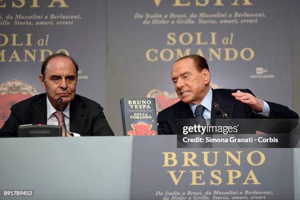 Silvio Berlusconi and Bruno Vespa during the presentation of Bruno Vespa's book " Soli al Comando, at the Tempio di Adriano, on December 13, 2017 in...