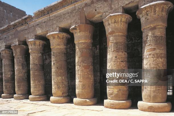 Egypt - Ancient Thebes . Luxor. Fortified temple of Ramses III at Medinet Habu. Colonnaded forecourt