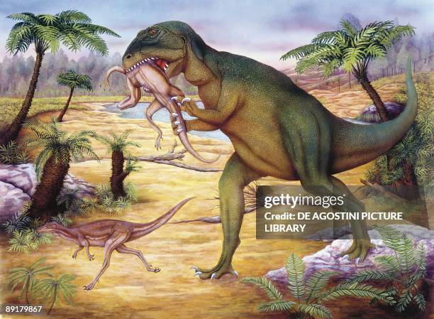 Illustration of Allosaurus hunting