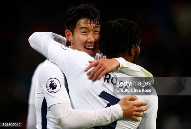 Heung-Min Son of Tottenham Hotspur celebrates after scoring his sides second goal with Danny Rose of Tottenham Hotspur during the Premier League...