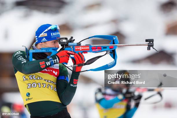 Simon Schempp of Germany shoots during the second day of training during the IBU Biathlon World Cup on December 13, 2017 in Le Grand Bornand, France.