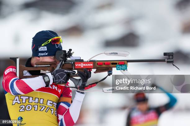 Biathlete shoots during the second day of training during the IBU Biathlon World Cup on December 13, 2017 in Le Grand Bornand, France.