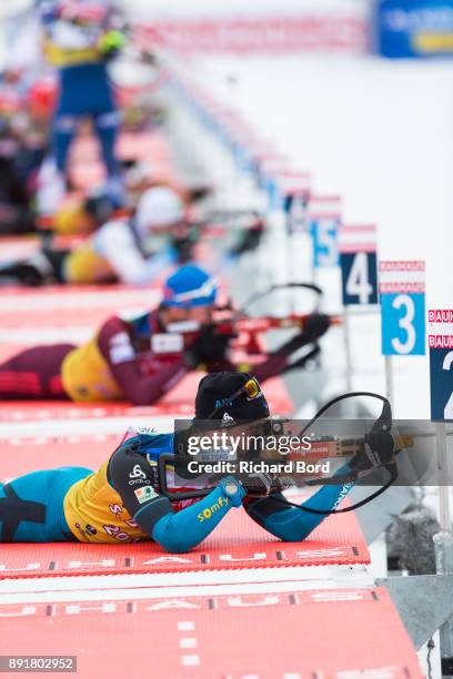 Simon Desthieux of France shoots during the second day of training during the IBU Biathlon World Cup on December 13, 2017 in Le Grand Bornand, France.