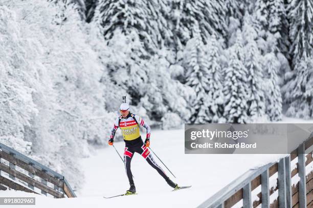 Biathlete in action during the second day of training during the IBU Biathlon World Cup on December 13, 2017 in Le Grand Bornand, France.