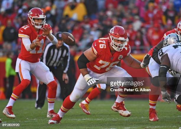 Offensive guard Laurent Duvernay-Tardif of the Kansas City Chiefs gets set on the line against the Oakland Raiders during the second half at...