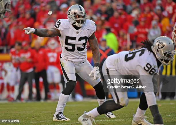 Middle linebacker NaVorro Bowman of the Oakland Raiders calls out instructions against the Kansas City Chiefs during the second half at Arrowhead...