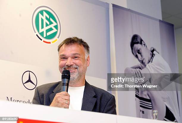 Horst Hamann, photographer of the image campagne talks during a women national team press conference at the Rhein Neckar Arena on July 22, 2009 in...
