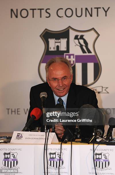 Sven Goran Eriksson talks to the media as he is announced a The New Director of Football at Notts County at Meadow Lane on July 22, 2009 in...