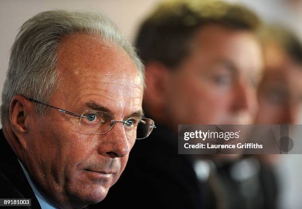 Sven Goran Eriksson talks to the media as he is announced a the new Director of Football at Notts County at Meadow Lane on July 22, 2009 in...