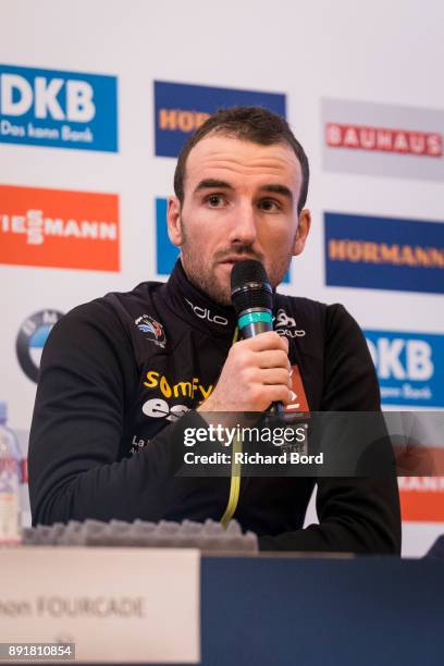 Jean Guillaume Beatrix of France speaks to the medias during the second day of training during the IBU Biathlon World Cup on December 13, 2017 in Le...