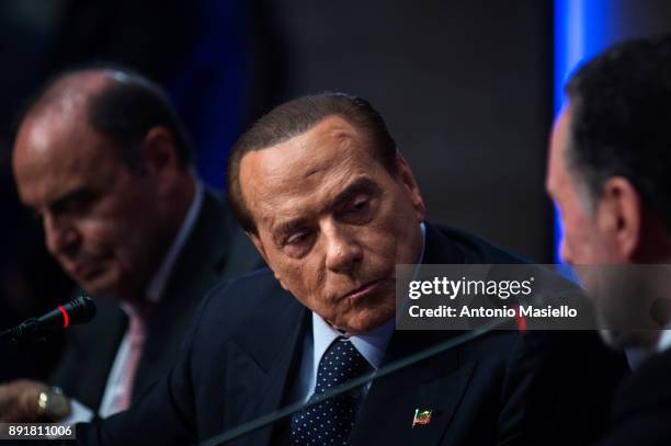 Silvio Berlusconi, Forza Italia leader, speaks during the book launch of Bruno Vespa, 'Soli al Comando', on December 13, 2017 in Rome, Italy.