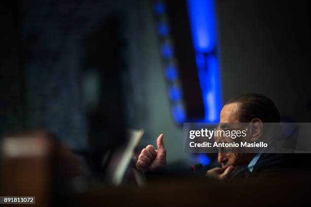 Silvio Berlusconi, Forza Italia leader, speaks during the book launch of Bruno Vespa, 'Soli al Comando', on December 13, 2017 in Rome, Italy.