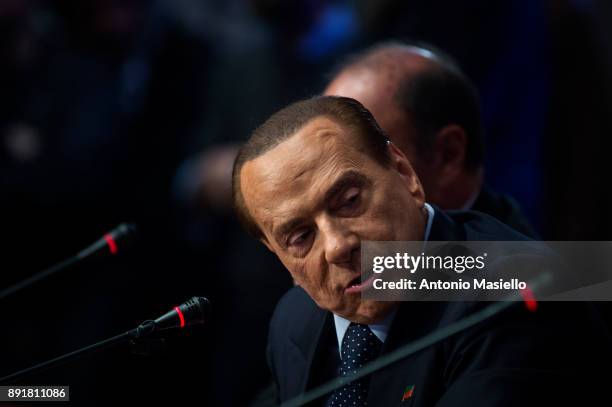 Silvio Berlusconi, Forza Italia leader, speaks during the book launch of Bruno Vespa, 'Soli al Comando', on December 13, 2017 in Rome, Italy.