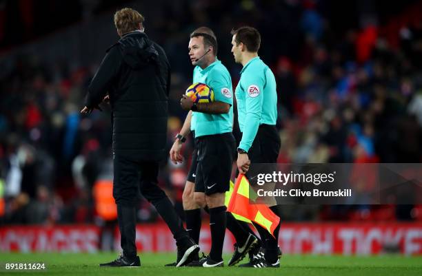 Jurgen Klopp, Manager of Liverpool argues with referee Paul Tierney during the Premier League match between Liverpool and West Bromwich Albion at...