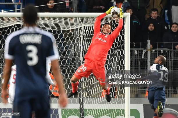 Lyon's French goalkeeper Mathieu Gorgelin stop the ball during the French League Cup round of 16 football match between Montpellier and Lyon at the...