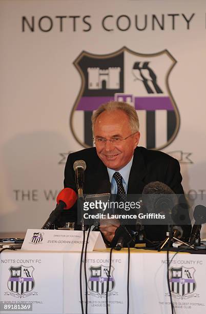 Sven Goran Eriksson talks to the media as he is announced a the new Director of Football at Notts County at Meadow Lane on July 22, 2009 in...