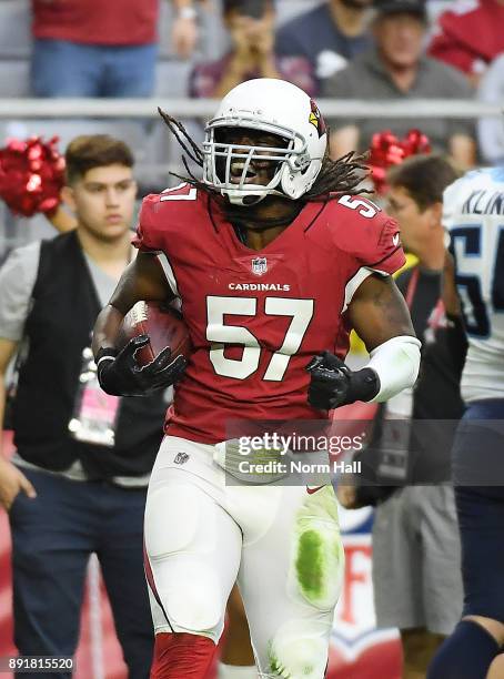 Josh Bynes of the Arizona Cardinals reacts after intercepting a pass against the Tennessee Titans at University of Phoenix Stadium on December 10,...