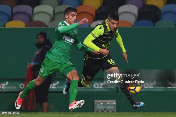 Sporting CP midfielder Rodrigo Battaglia from Argentina with Vilaverdense FC defender Pedro Lemos in action during the Portuguese Cup match between...