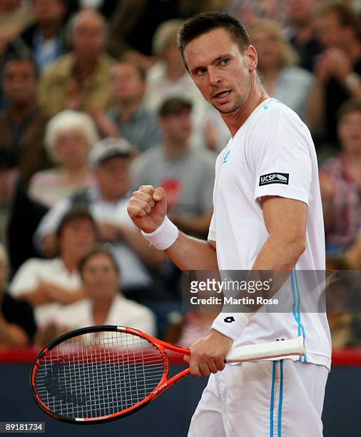 Robin Soderling of Sweden celebrates after winning the match against Fabio Fognini of Italy during day three of the International German Open at...