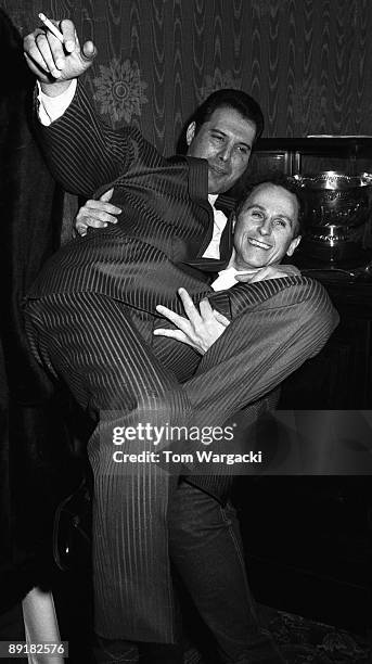 Freddie Mercury and Wayne Sleep at party for musical "42nd Street" on August 8, 1984 in London, England.