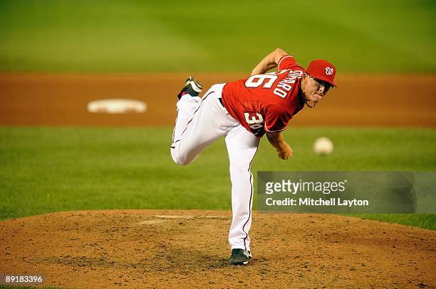 Tyler Clippard of the Washington Nationals pitches during a baseball game against the Chicago Cubs on July 17, 2009 at Nationals Park in Washington...